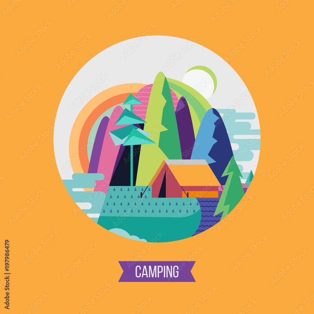 Obraz premium Camping. Vector illustration. Summer outdoor recreation.