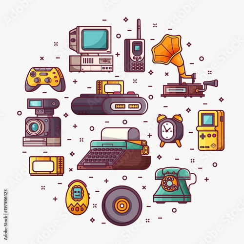 Vintage technology, things and objects. Flea market or antiques shop card with line icons stylized in circle. Old rarity elements for entertainment and abstract retro tech devices concept banner.