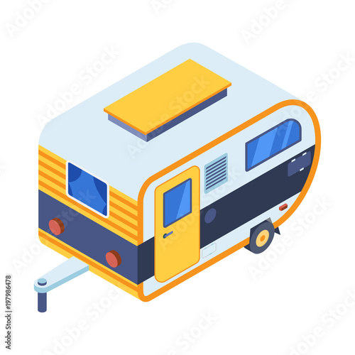 Camping trailer isometric illustration. Family motorhome in 3d perspective. RV camper icon in isometry style.