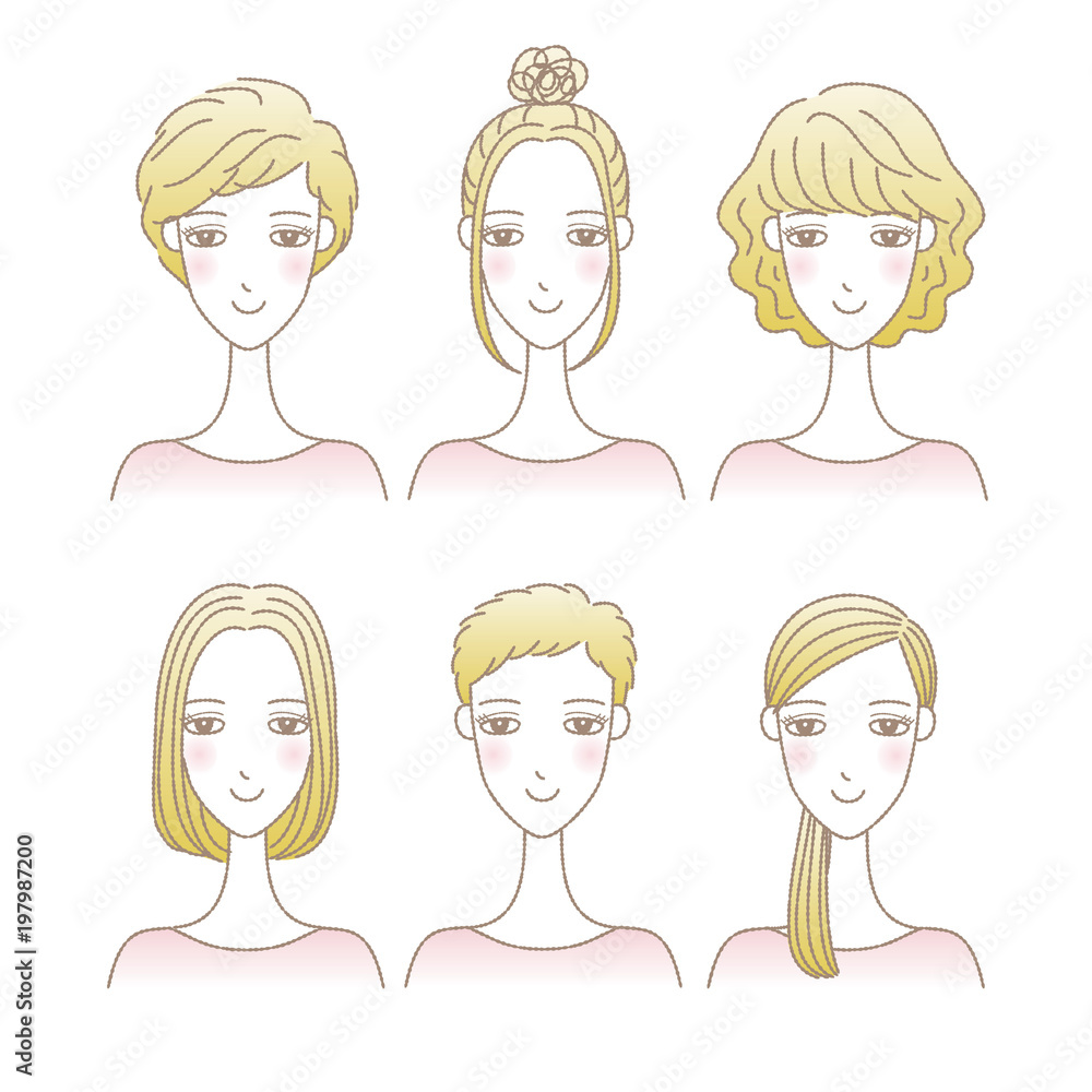 女性の髪型イラストセット ショートヘア ミディアムヘア ロングヘア Stock ベクター Adobe Stock