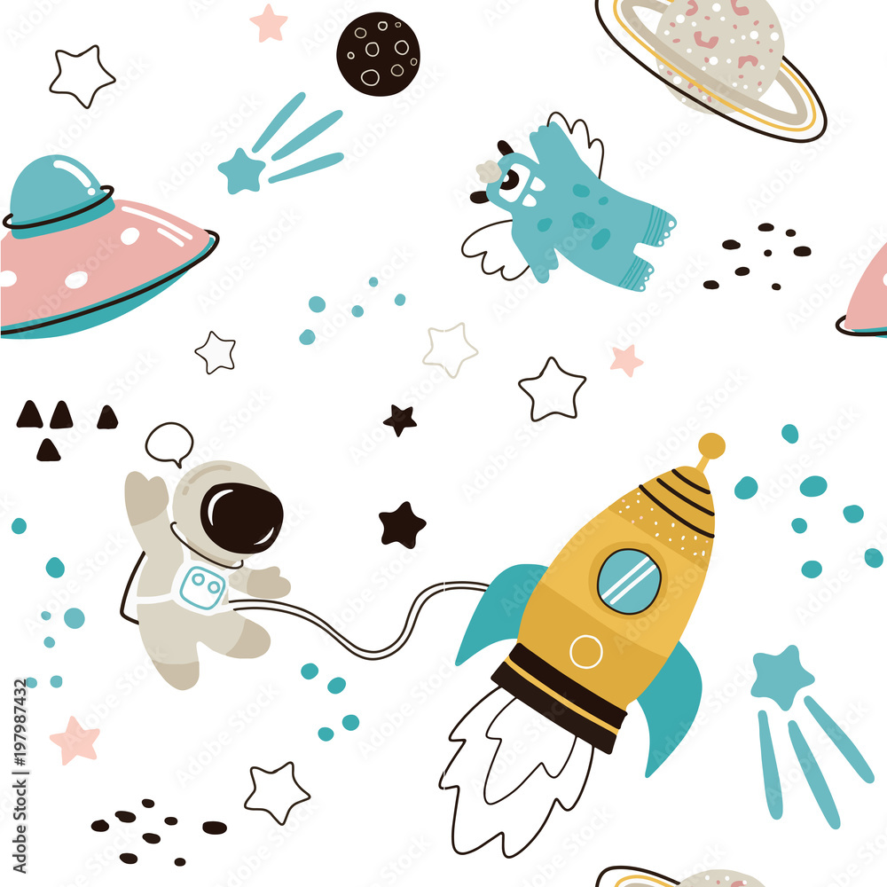Childish seamless pattern with hand drawn space elements space, rocket ...