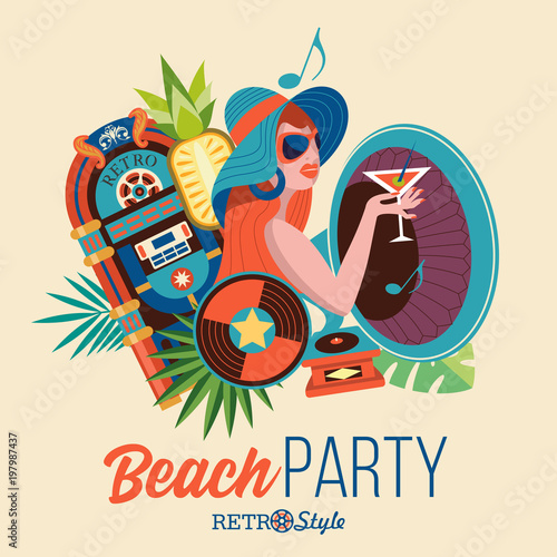 Retro party. Beach party.  Vector illustration.