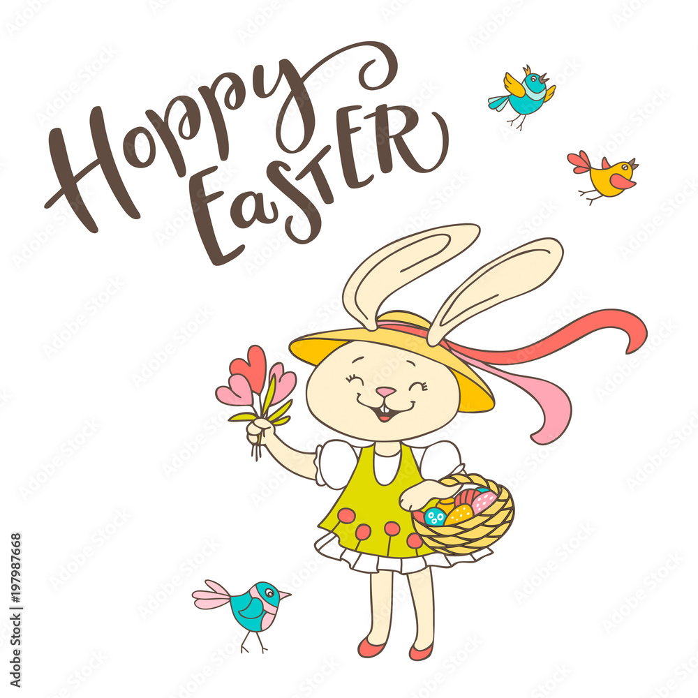 Handwritten text Hoppy Easter and hand drawn birds, flowers, cute bunny girl with eggs Handwritten text Hoppy Easter and hand drawn birds, flowers, cute bunny girl with eggs