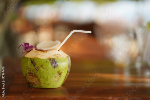 Coconut juice on the table.