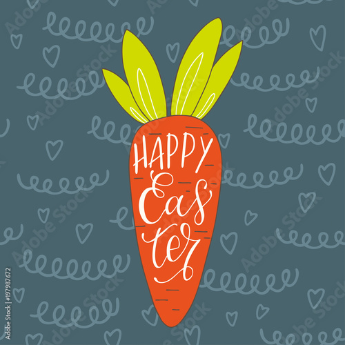 Happy Easter greeting card. Hand drawn carrot and handwritten text inside