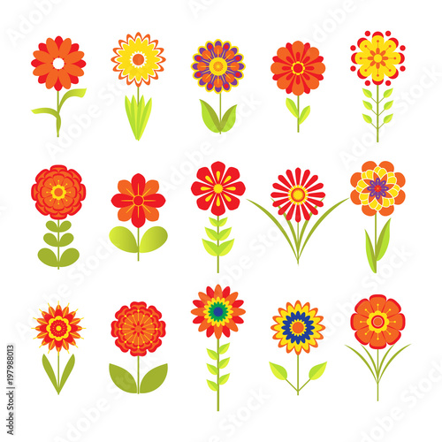 Fototapeta Naklejka Na Ścianę i Meble -  Various stylized flowers with different leaves in 70s style isolated on white. Vector illustration. Blooming colored icon set, floral design elements.