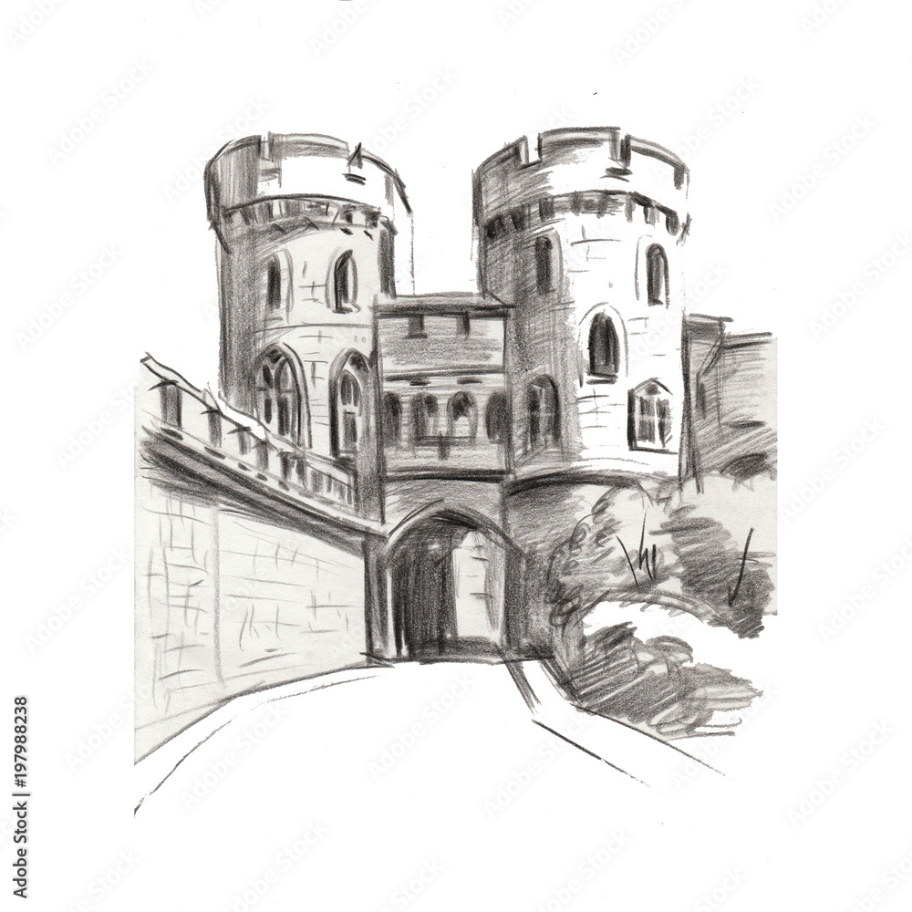 pensil drawing architecture castel building tower medieval historic famoust ansient nature europe france royal landmark travel tourism
