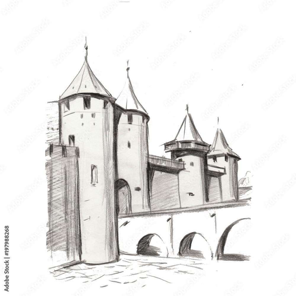 pensil drawing architecture castel building tower medieval historic famoust ansient nature europe france royal landmark travel tourism