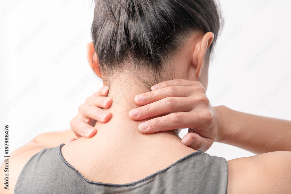 closeup women neck and shoulder pain/injury with white backgrounds, healthcare and medical concept closeup women neck and shoulder pain/injury with white backgrounds, healthcare and medical concept