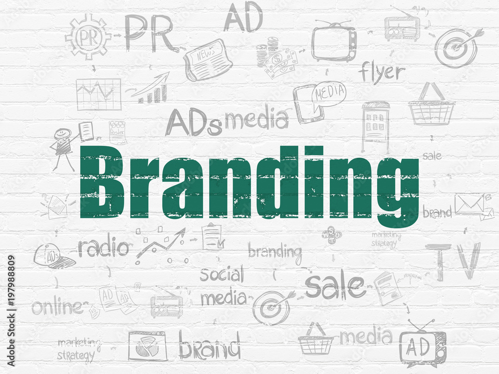 Marketing concept: Painted green text Branding on White Brick wall background with Scheme Of Hand Drawn Marketing Icons