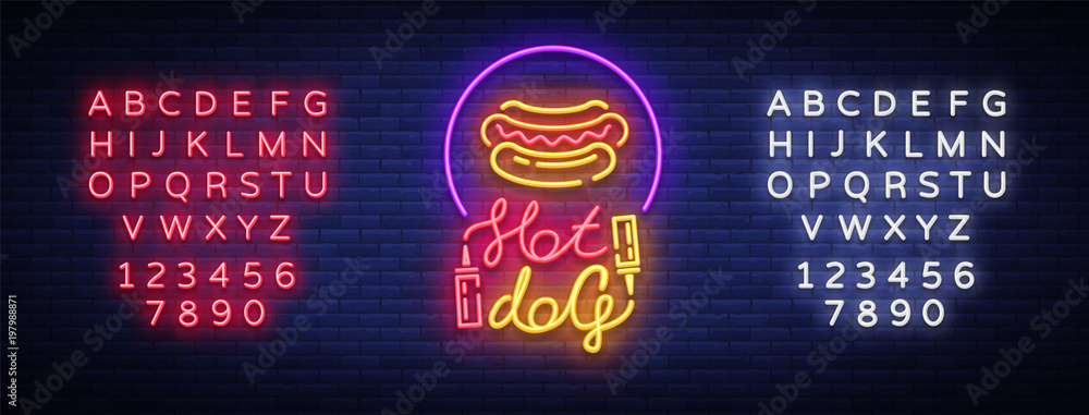 Hot dog logo in neon style design template. Hot dog neon signs, light banner, neon symbol fast food emblem, American food, bright night advertising. Vector illustration. Editing text neon sign Hot dog logo in neon style design template. Hot dog neon signs, light banner, neon symbol fast food emblem, American food, bright night advertising. Vector illustration. Editing text neon sign