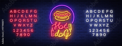 Hot dog logo in neon style design template. Hot dog neon signs, light banner, neon symbol fast food emblem, American food, bright night advertising. Vector illustration. Editing text neon sign