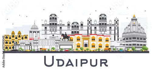 Udaipur India City Skyline with Color Buildings Isolated on White.