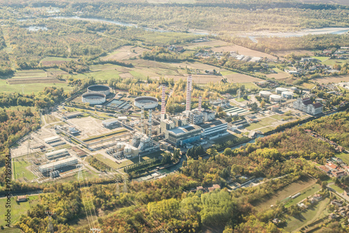 Aerial View of Power Station in Italy. Factory in Industry Zone.