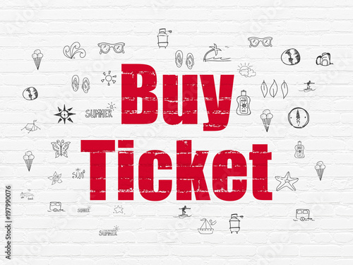 Travel concept  Painted red text Buy Ticket on White Brick wall background with  Hand Drawn Vacation Icons