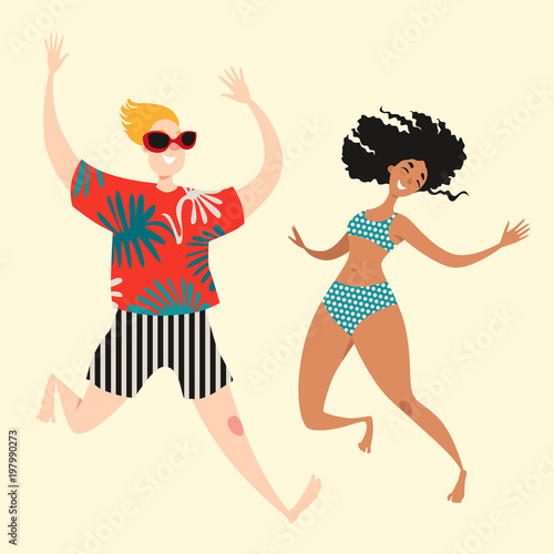 Two funny cartoon characters jumping on the beach in swimming suits and shorts. Young boy and girl dancing at a beach party. Vector illustration