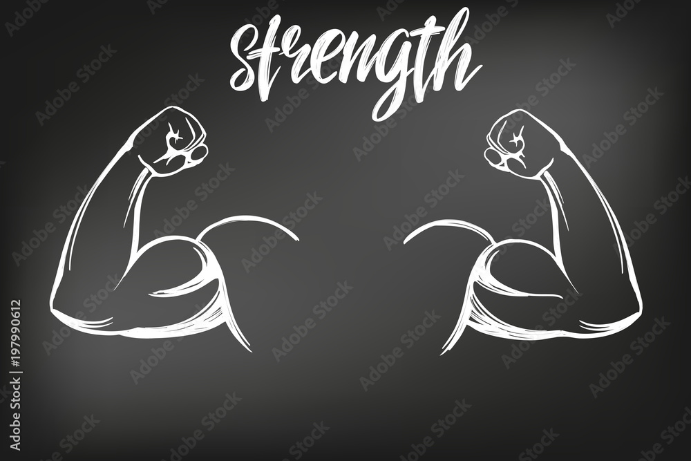 arm, bicep, strong hand icon cartoon calligraphic text symbol hand drawn  vector illustration sketch, drawn in chalk on a black Board Stock Vector |  Adobe Stock