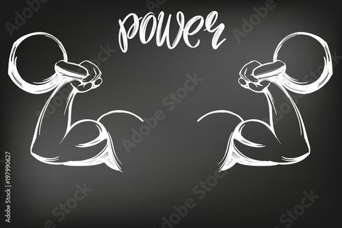 arm, bicep, strong hand holding a kettlebell icon cartoon calligraphic text symbol hand drawn vector illustration sketch, drawn in chalk on a black Board
