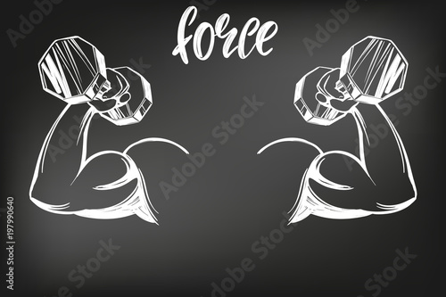arm, bicep, strong hand holding a dumbbell, icon cartoon calligraphic text symbol hand drawn vector illustration sketch, drawn in chalk on a black Board
