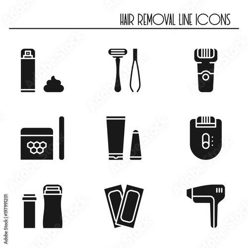 Hair removal methods silhouette icons set. Shaving sugaring laser waxing epilation depilation tweezing.