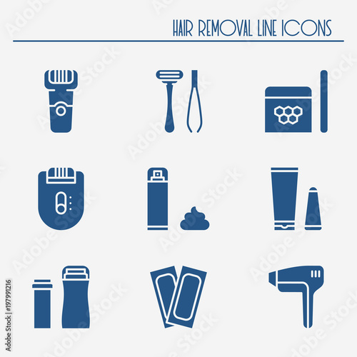 Hair removal methods silhouette icons set. Shaving sugaring laser waxing epilation depilation tweezing.