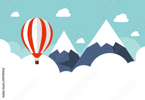 Hot air balloon in the sky with clouds. Flat cartoon design.