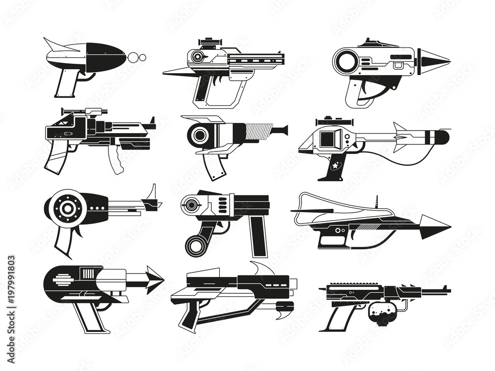 Monochrome illustrations of futuristic weapons for astronauts