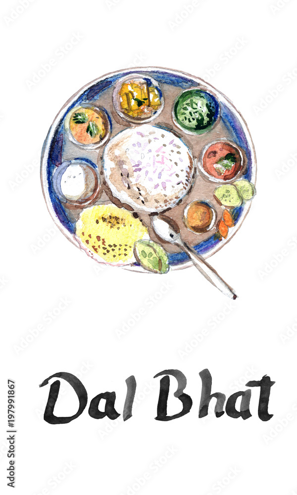 Dal Bhat recipe local food of Nepal and India , cuisine, watercolor