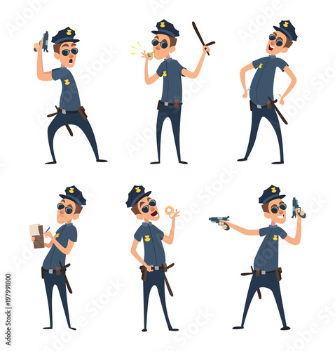 Policemen in different action poses. Security mens in cartoon style