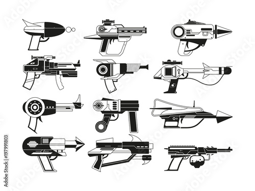 Monochrome illustrations of futuristic weapons for astronauts