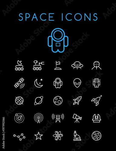 Set of Quality Universal Standard Minimal Simple White Thin Line Space Icons on Black Background