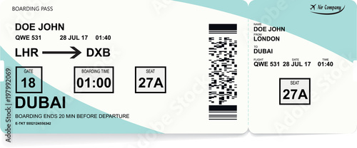 Pattern of airline boarding pass ticket. Concept of travel, journey or trip by plane. Isolated on white. Vector illustration