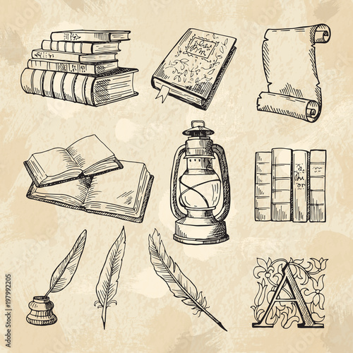 Literature concept pictures. Vintage hand drawings books and different tools for writers