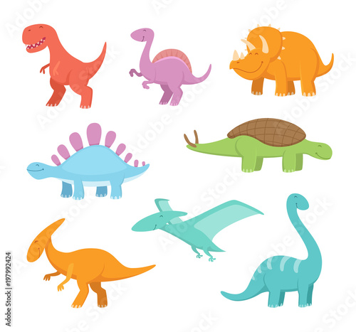 Cartoon set of funny dinosaurs. Vector pictures of prehistoric period