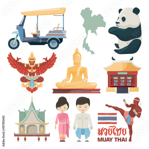 Vector illustrations of traditional landmarks of Thailand with Muay Thai text