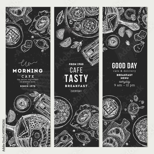 Breakfast chalkboard vertical banner collection. Various food background. Engraved style illustration. Hero image. Vector illustration