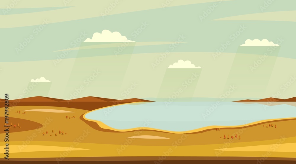 Autumn lake landscapes. Horizontal wild sideview landscape. Fields, lakee, sky with clouds. Vector illustration