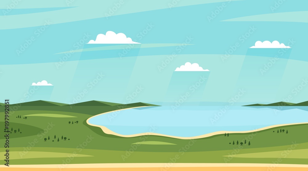 Summer lake landscapes. Horizontal wild sideview landscape. Fields, lakee, sky with clouds. Vector illustration
