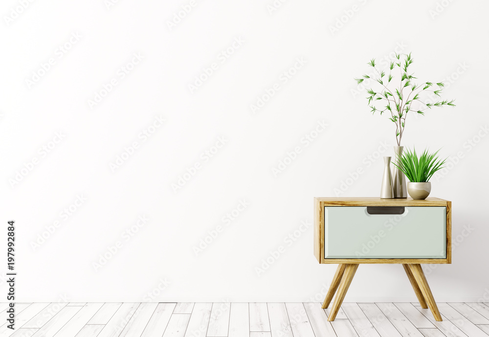 Interior with wooden side table 3d render - obrazy, fototapety, plakaty 