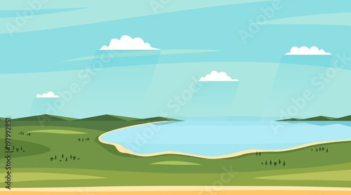 Summer lake landscapes. Horizontal wild sideview landscape. Fields, lakee, sky with clouds. Vector illustration