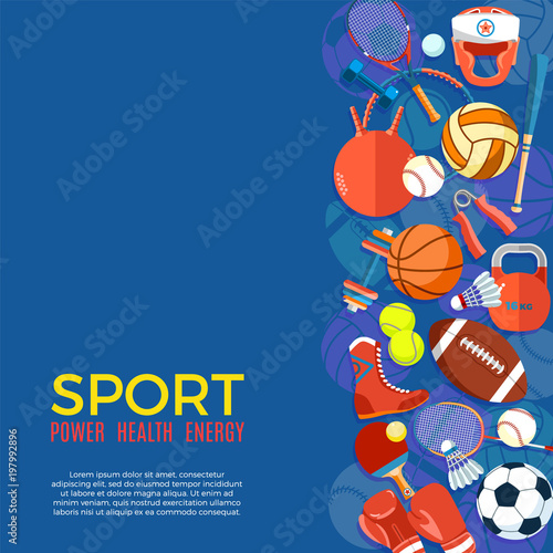Banner of sport balls and gaming equipment. Poster with text Sport for banner, sticker, web. Healthy lifestyle tools, elements. Vector Illustration.