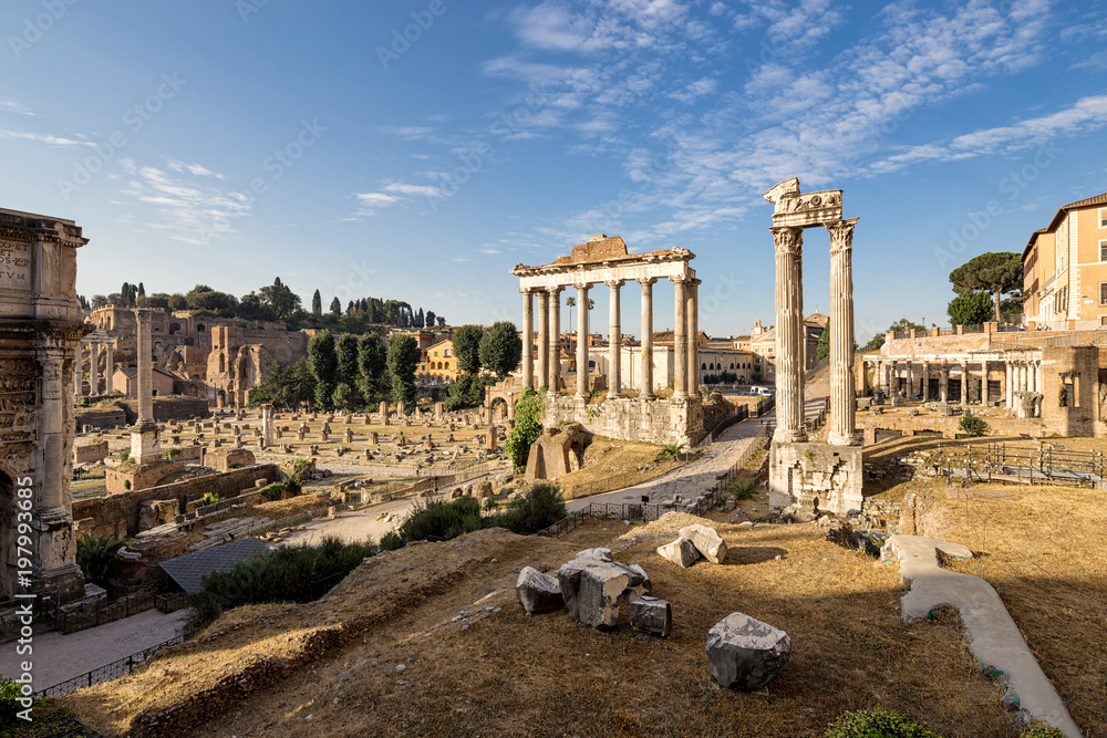 Ancient ruins of a Roman Forum or Foro Romano, Rome, Italy. 