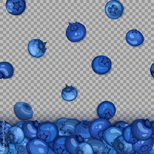 Ripe blueberry falling fruit horizontal seamless borders. Vector illustration card Fly blue berry for design of food packaging juice breakfast, cosmetics, tea, detox diet