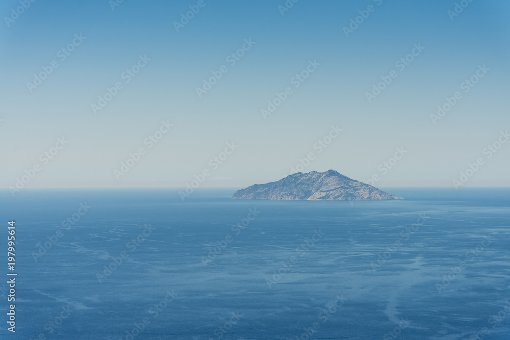 Aerial image of Isola di Monte Cristo also called Island of Mentecristo nature reserve in the Tyrrhenian Sea