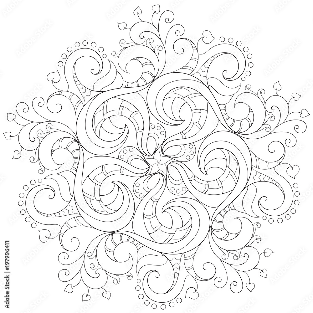 circular floral monochrome pattern for coloring book