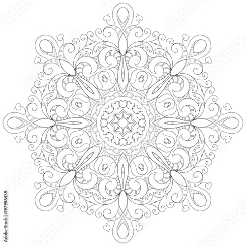 circular floral monochrome pattern for coloring book, with small openwork elements