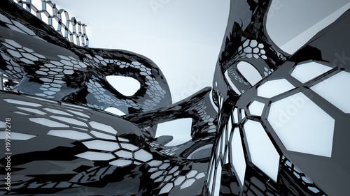 Abstract white and black parametric interior with window. 3D illustration and rendering.