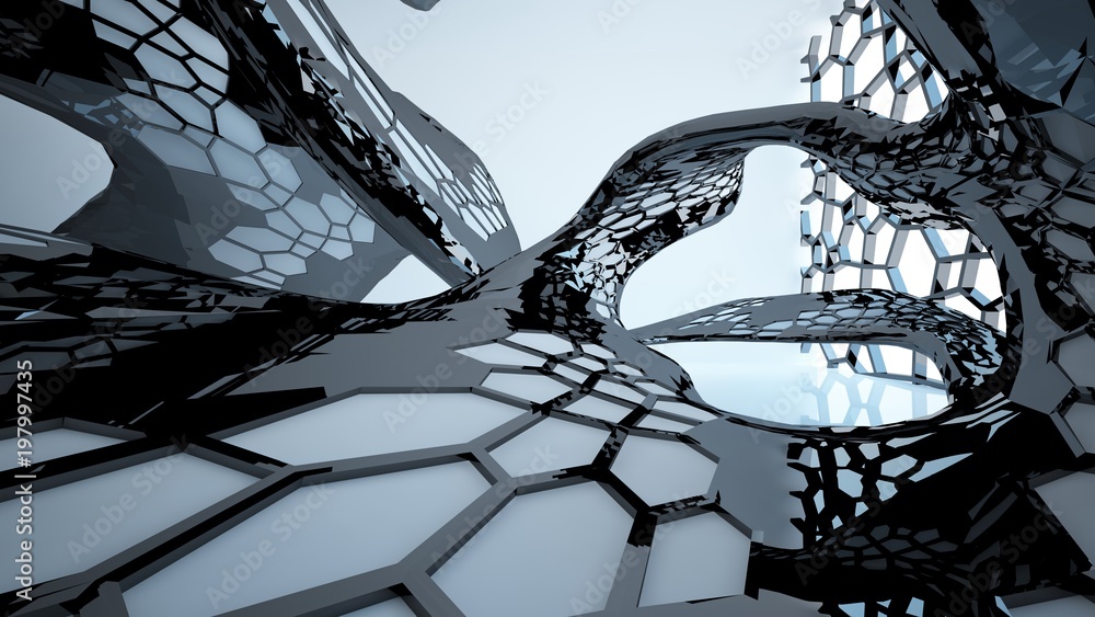 Abstract white and black parametric interior with window. 3D illustration and rendering. Abstract white and black parametric interior with window. 3D illustration and rendering.