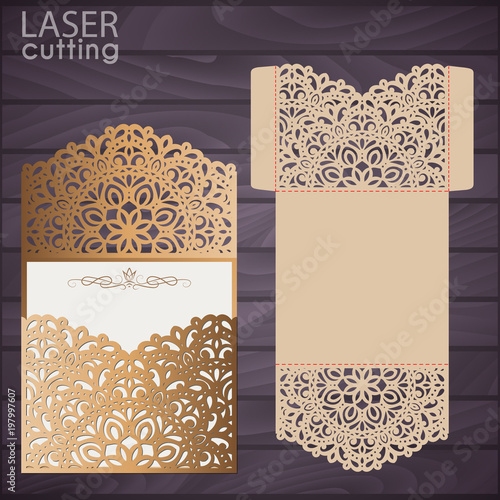 Die laser cut wedding card vector template. Invitation envelope. Wedding lace invitation mockup. Template for laser cutting. Die cut pocket envelope template.