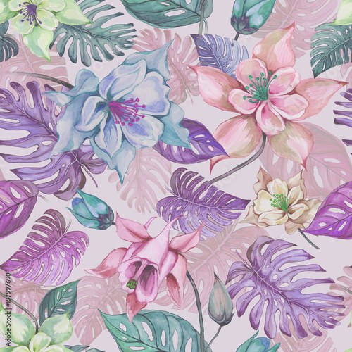 Beautiful aquilegia or columbine flowers and exotic monstera leaves on pink background. Watercolor painting. Tropical seamless floral pattern. Hand drawn illustration.